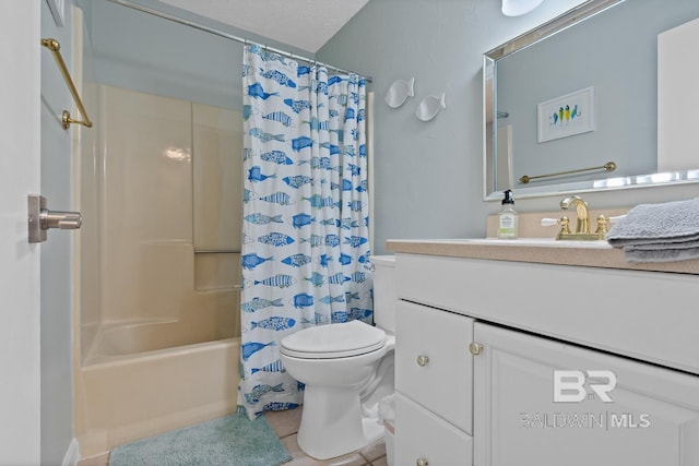 full bathroom featuring toilet, vanity, shower / bath combination with curtain, and tile patterned flooring