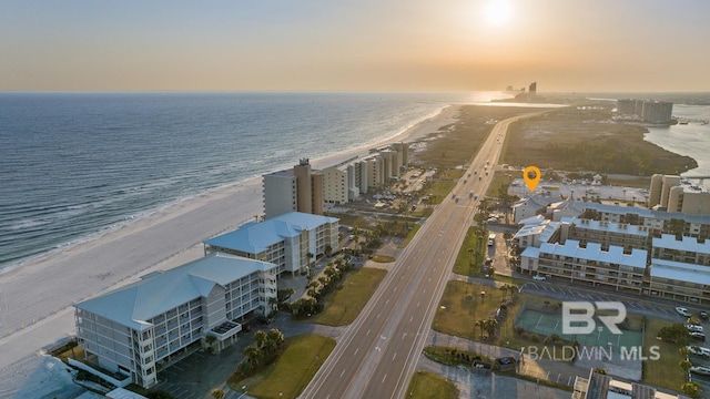bird's eye view with a view of the beach and a water view