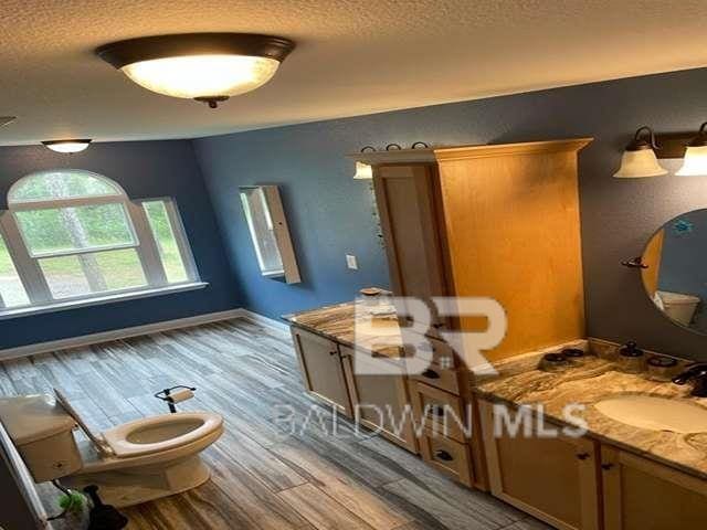 21800 Old Brady Rd, Robertsdale, AL 36567 - bathroom featuring a textured ceiling, wood finished floors, vanity, toilet, and baseboards