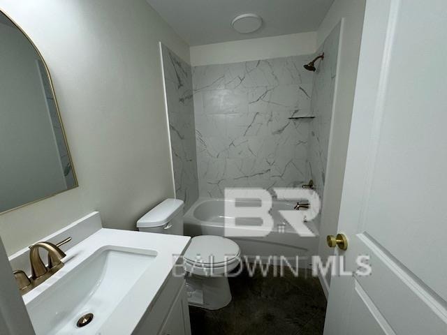 full bathroom featuring tiled shower / bath combo, vanity, and toilet