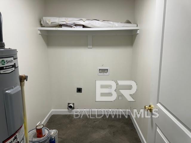 clothes washing area featuring hookup for a washing machine, water heater, hookup for an electric dryer, and tile patterned floors