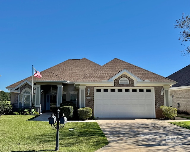 single story home with a garage and a front yard