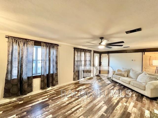 living room featuring ceiling fan and wood-type flooring