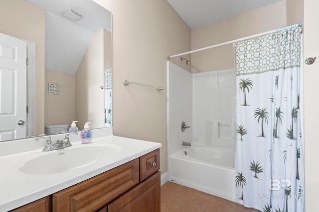 full bath featuring shower / bathtub combination with curtain, vanity, tile patterned flooring, visible vents, and toilet