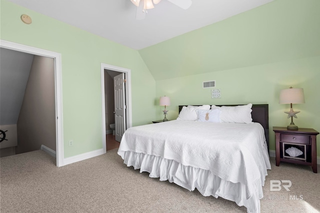 carpeted bedroom with baseboards, visible vents, ceiling fan, and lofted ceiling