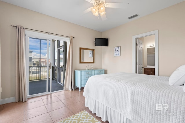 bedroom with light tile patterned floors, a ceiling fan, visible vents, access to exterior, and baseboards
