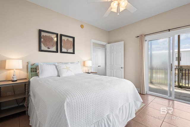 tiled bedroom with access to exterior and ceiling fan