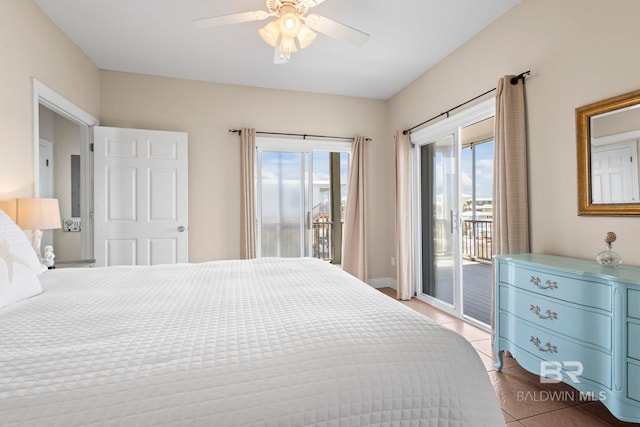 bedroom with access to outside and a ceiling fan