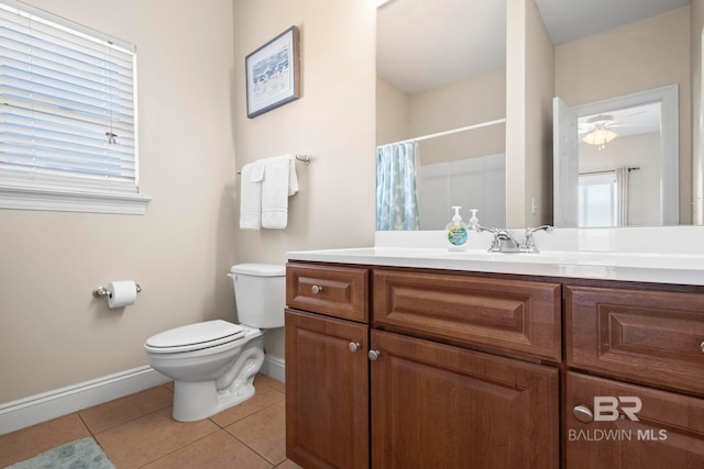 bathroom featuring ceiling fan, vanity, toilet, tile patterned floors, and baseboards