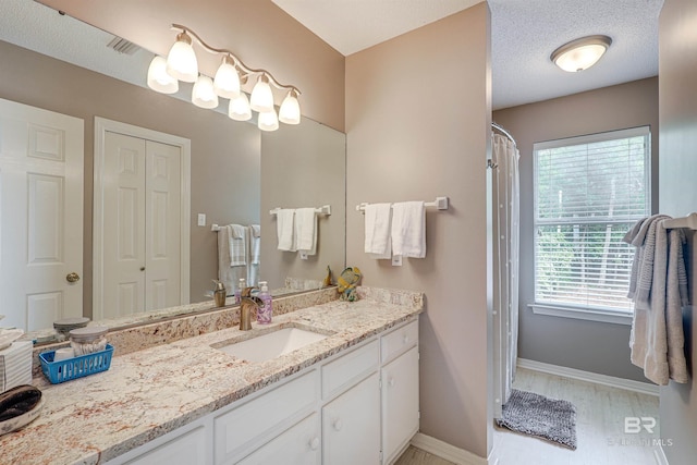 9581 S Bay Rd, Foley, AL 36535 - bathroom with vanity, a wealth of natural light, a textured ceiling, and a shower with shower curtain