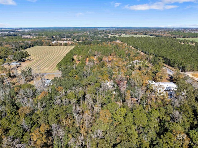 aerial view featuring a wooded view