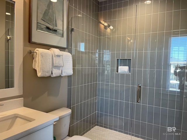 bathroom with a shower stall, toilet, and vanity