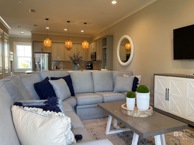 living room featuring ornamental molding