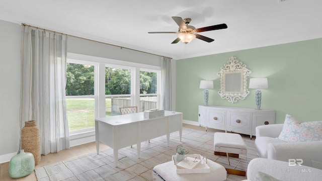 interior space with crown molding and ceiling fan