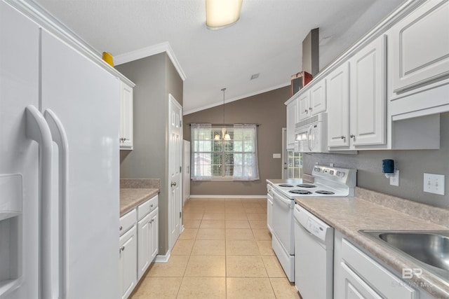 11097 Pontchartrain Loop, Daphne, AL 36526 - kitchen featuring white appliances, ornamental molding, white cabinetry, light countertops, and light tile patterned flooring