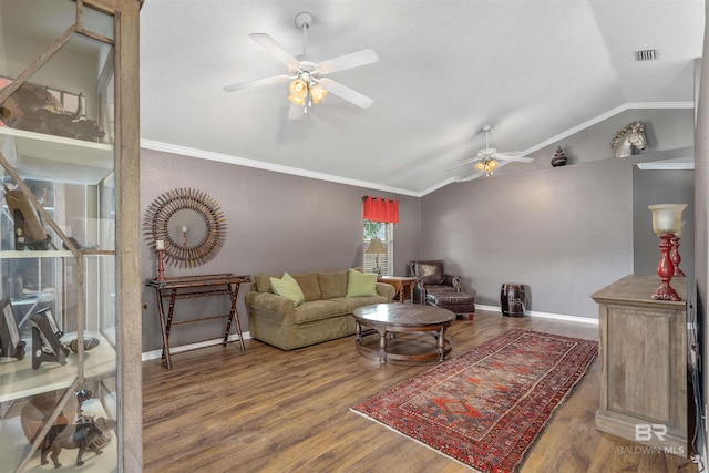 11097 Pontchartrain Loop, Daphne, AL 36526 - living room with a ceiling fan, wood finished floors, lofted ceiling, and ornamental molding