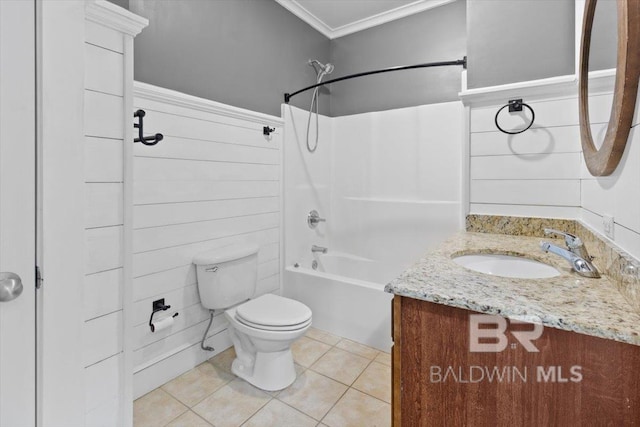 full bath with crown molding, shower / bathtub combination, toilet, vanity, and tile patterned floors