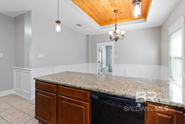 kitchen with light tile patterned floors, visible vents, dishwasher, wood ceiling, and a tray ceiling