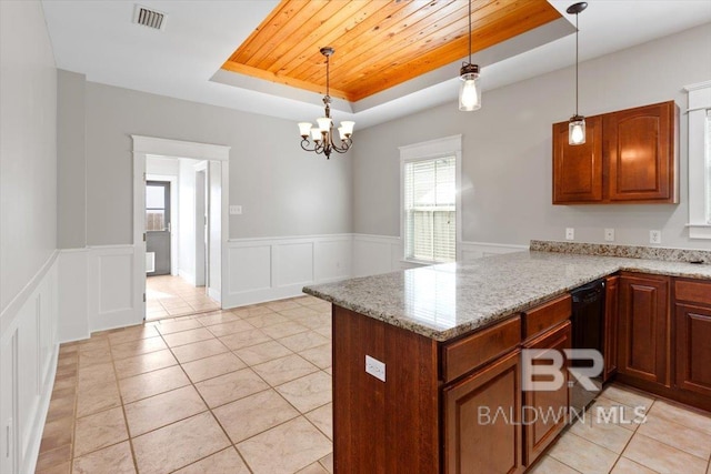 kitchen with wooden ceiling, light tile patterned floors, a raised ceiling, and decorative light fixtures