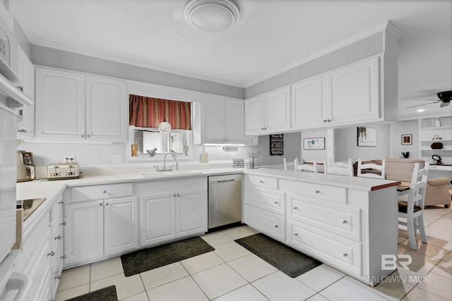 kitchen featuring dishwasher, a peninsula, ornamental molding, and a sink