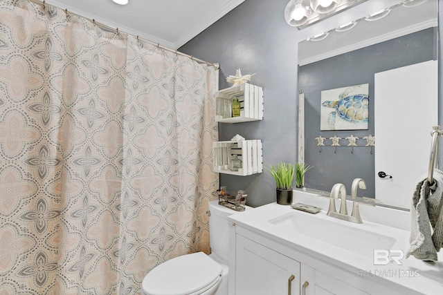 bathroom with curtained shower, vanity, toilet, and crown molding