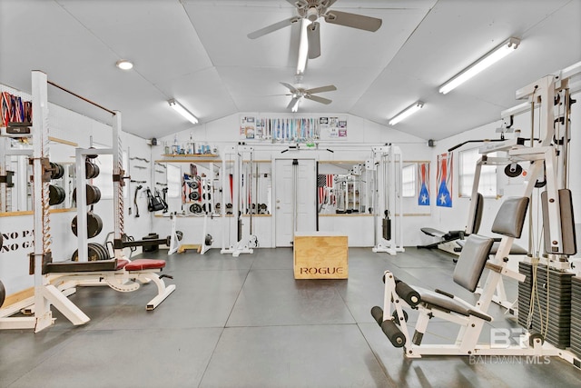 exercise room featuring vaulted ceiling and a ceiling fan