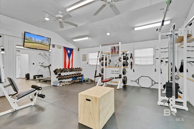 gym with ceiling fan and vaulted ceiling