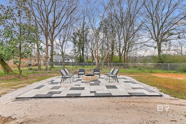 view of patio / terrace featuring an outdoor fire pit and a fenced backyard