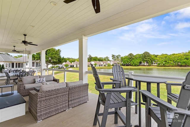 452 Colony Dr, Fairhope, AL 36532 - view of patio with an outdoor hangout area, outdoor dining area, a water view, and ceiling fan