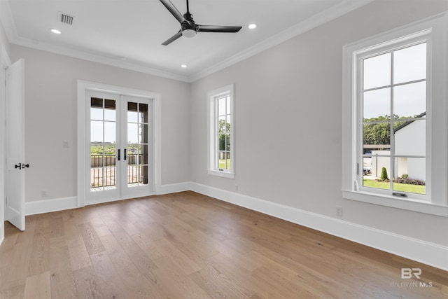 926 Inlet Cir, Gulf Shores, AL 36542 - spare room with french doors, ornamental molding, light wood-style floors, a ceiling fan, and recessed lighting