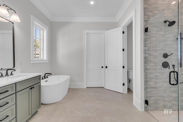 926 Inlet Cir, Gulf Shores, AL 36542 - full bathroom with vanity, a stall shower, a freestanding tub, ornamental molding, and tile patterned flooring