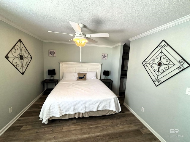 bedroom with ceiling fan, wood-type flooring, a textured ceiling, and ornamental molding