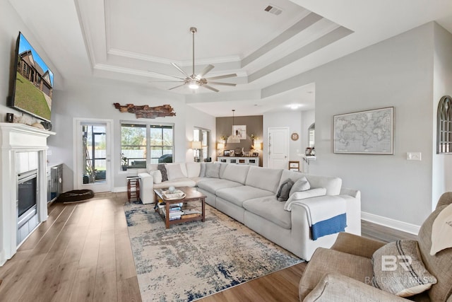 living area featuring a glass covered fireplace, a raised ceiling, wood finished floors, and baseboards