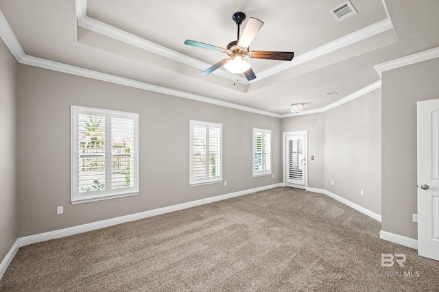 spare room featuring ceiling fan, a tray ceiling, and a wealth of natural light