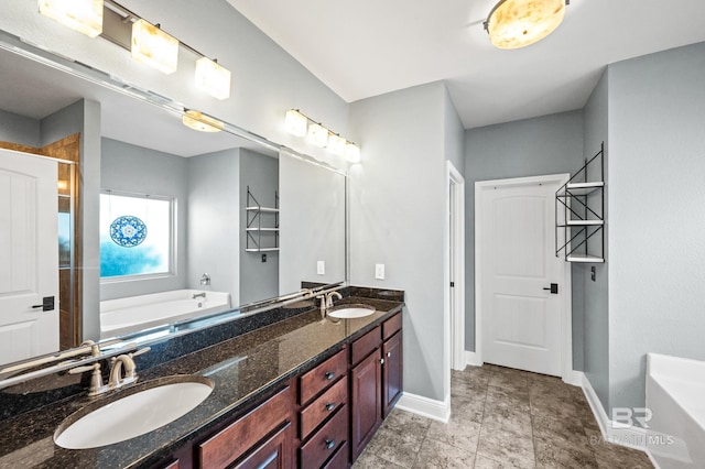 bathroom with shower with separate bathtub, tile patterned floors, and vanity