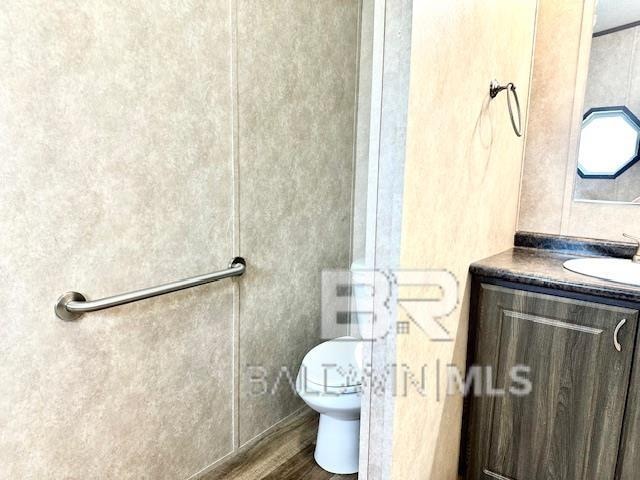 bathroom featuring vanity, hardwood / wood-style floors, and toilet