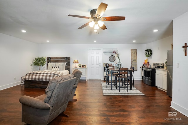 bedroom featuring dark hardwood / wood-style floors and stainless steel refrigerator