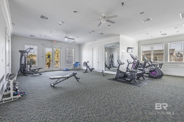 gym featuring crown molding and ceiling fan