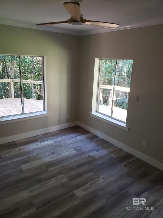 spare room featuring crown molding, dark hardwood / wood-style floors, and ceiling fan