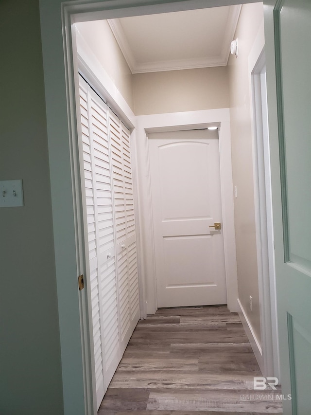 corridor featuring hardwood / wood-style floors and crown molding