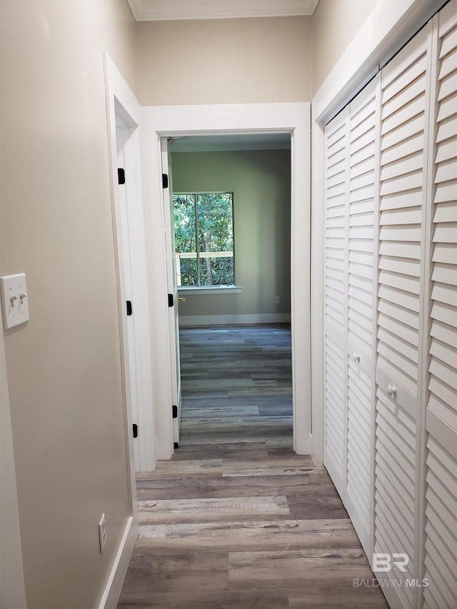 hallway featuring crown molding and light wood-type flooring