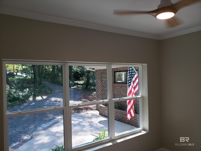 doorway featuring ornamental molding, a healthy amount of sunlight, and ceiling fan