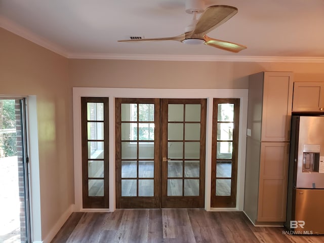 entryway with french doors, crown molding, hardwood / wood-style flooring, and ceiling fan