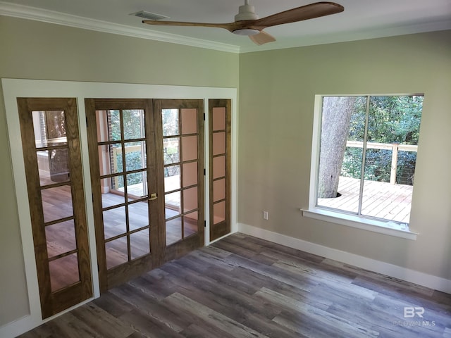 interior space featuring french doors, ceiling fan, crown molding, and dark hardwood / wood-style flooring