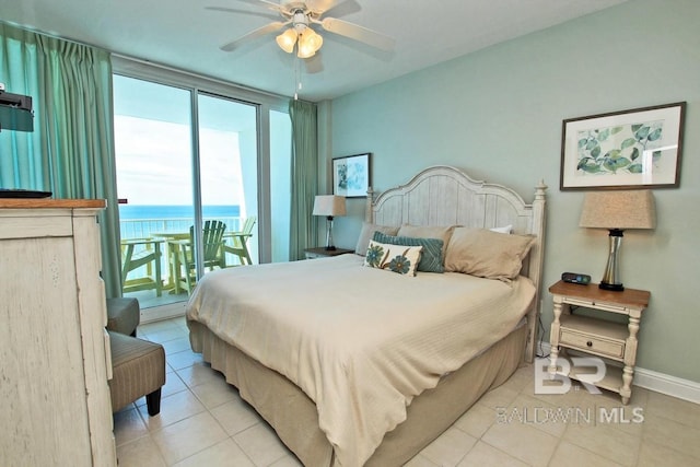 bedroom with light tile patterned floors, access to outside, baseboards, and a ceiling fan