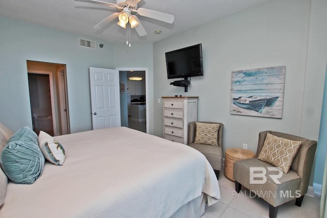 bedroom with visible vents, ceiling fan, and light tile patterned floors