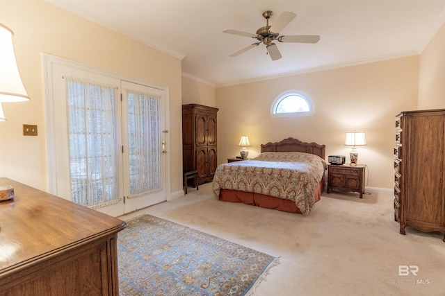 bedroom featuring light colored carpet, crown molding, access to outside, and ceiling fan