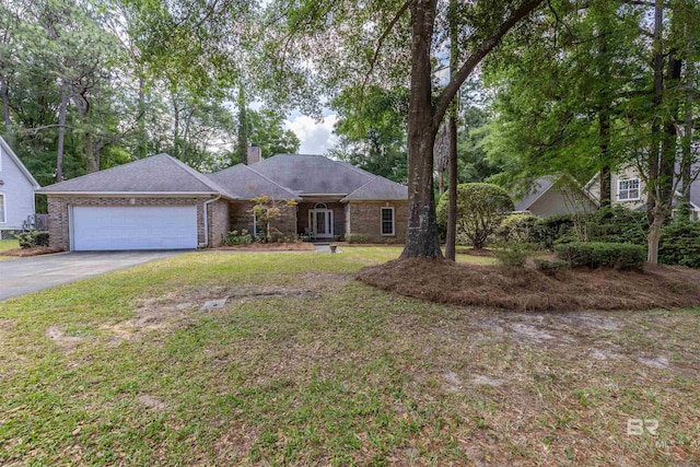 single story home featuring a front lawn, brick siding, a garage, aphalt driveway, and a chimney