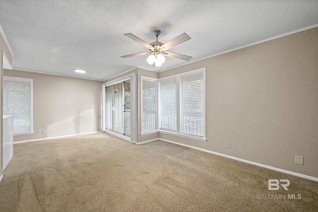 spare room with crown molding, light colored carpet, and a textured ceiling