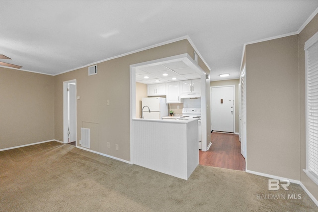 kitchen with carpet, white fridge, white cabinetry, and ornamental molding